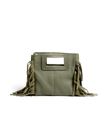 Bolso cuadrado de piel caqui flecos y asas integradas mini Telma
