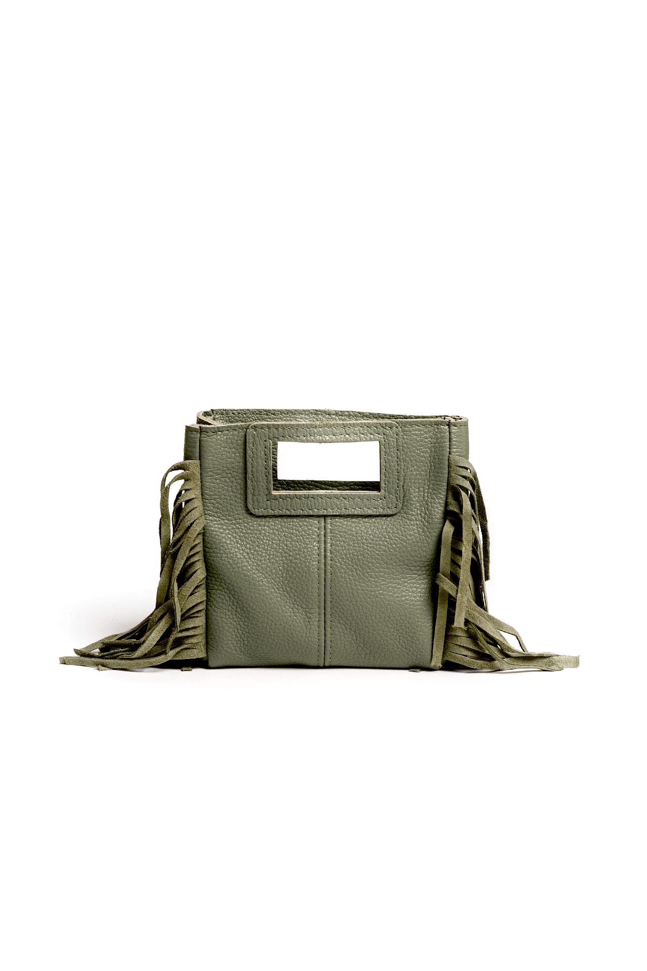 Bolso cuadrado de piel caqui flecos y asas integradas mini Telma