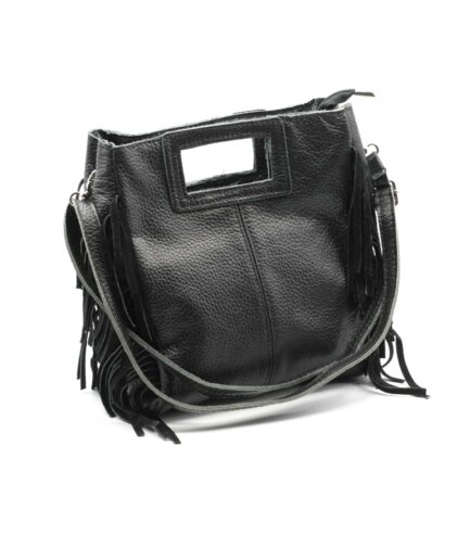 Bolso cuadrado de piel negro flecos y asas integradas mini Telma