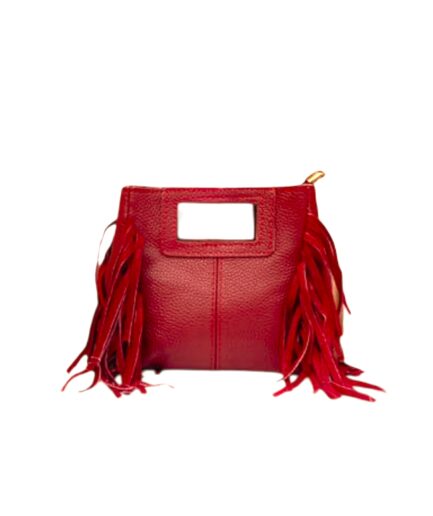 Bolso cuadrado de piel rojo flecos y asas integradas mini Telma