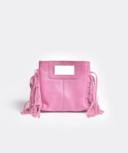 Bolso cuadrado de piel rosa palo flecos y asas integradas mini Telma