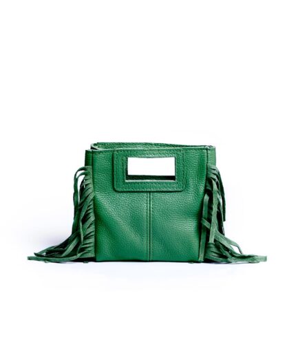 Bolso cuadrado de piel verde menta flecos y asas integradas mini Telma