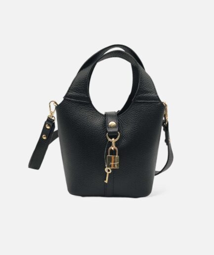 Bolso Bucket en cuero con candado negro Maje