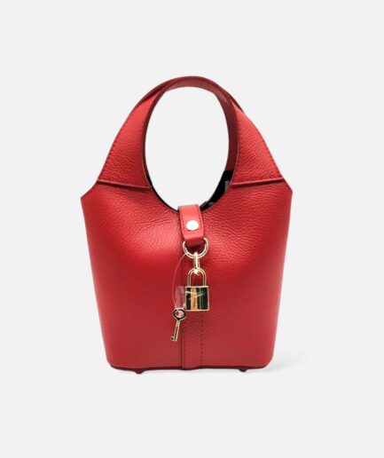 Bolso Bucket en cuero con candado rojo Maje