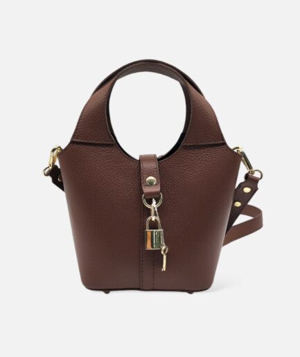 Bolso Bucket en cuero con candado marrón Maje