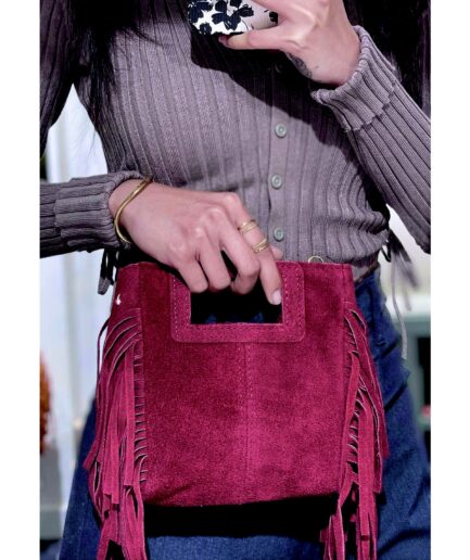 Bolso cuadrado burdeos flecos y asas integradas mini Erika