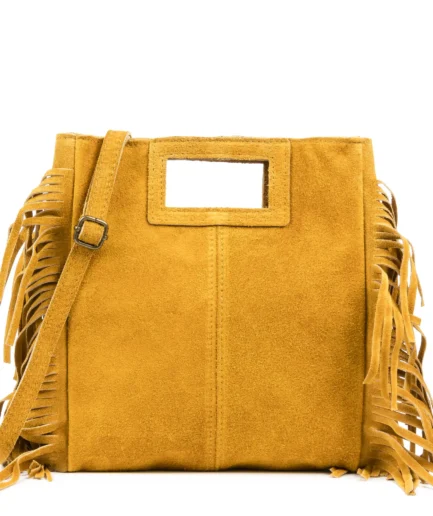 Bolso cuadrado mostaza flecos y asas integradas mini Erika