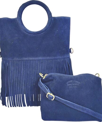 Bolso de ante con flecos azul  y asa de aro Tamara