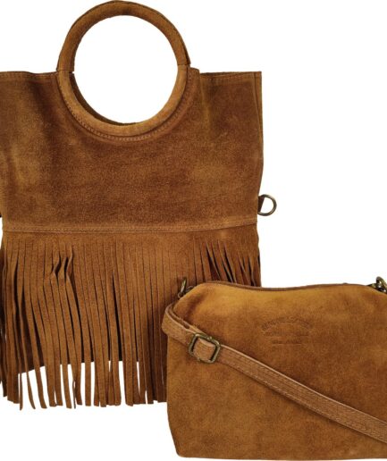 Bolso de ante con flecos camel y asa de aro Tamara