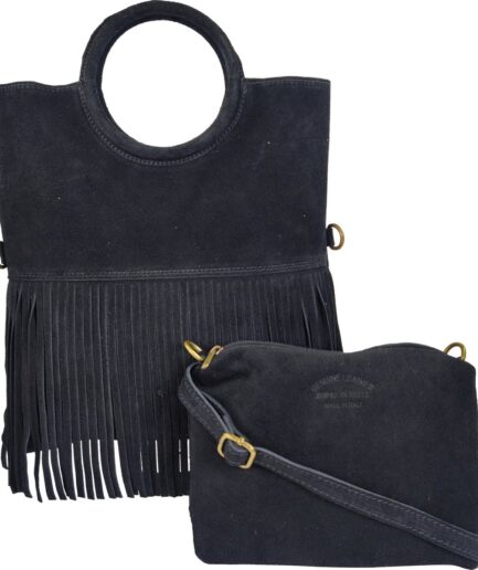 Bolso de ante con flecos negro y asa de aro Tamara