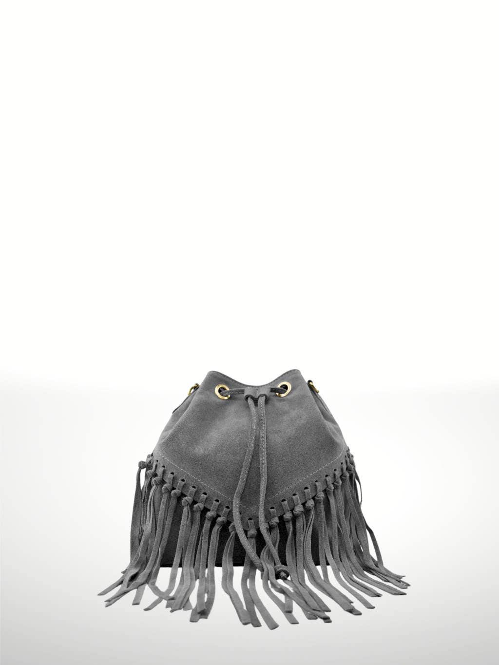 Bolso saco gris con flecos boho soul