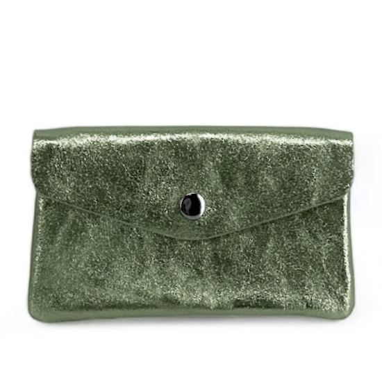 Monedero de piel verde caqui brillante made in Italy