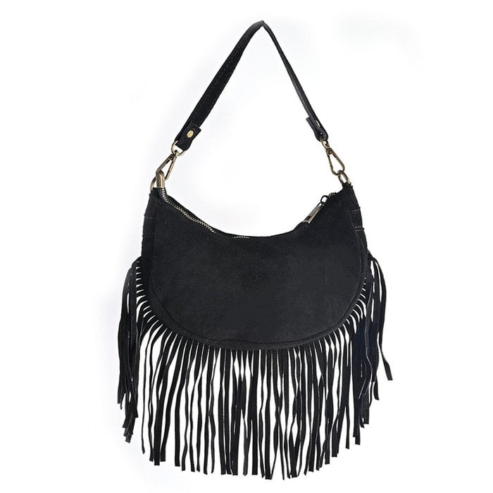 Bolso de hombro de ante negro con flecos Elettra