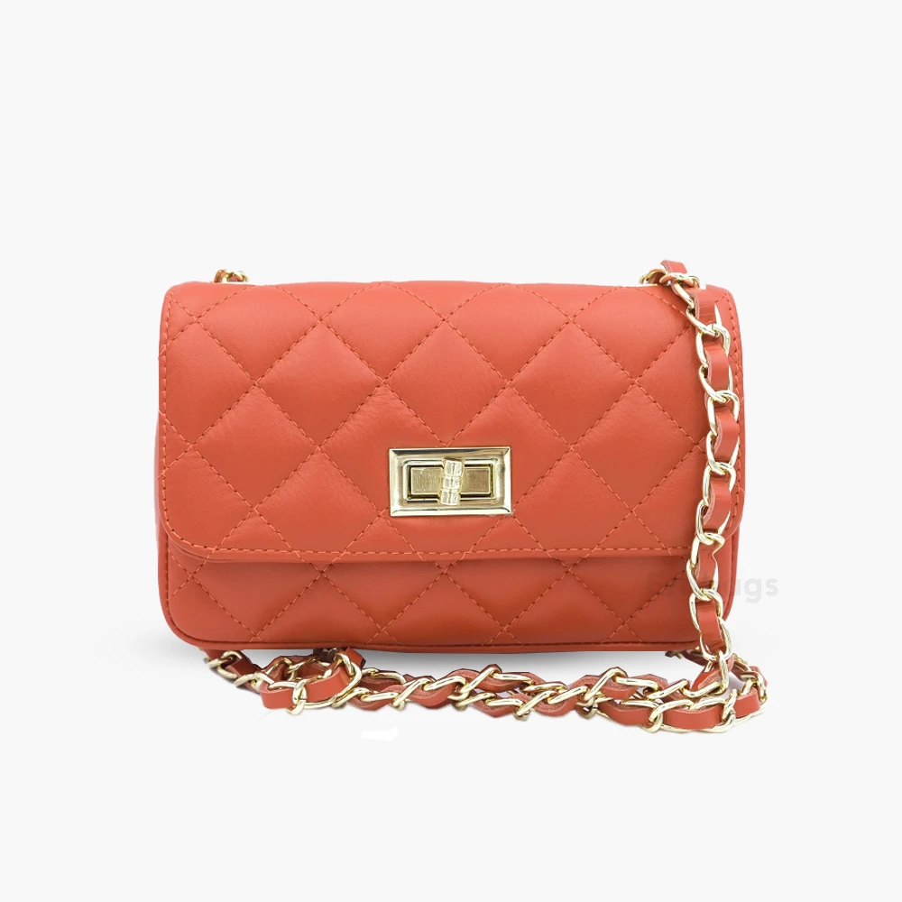 Bolso bandolera de mujer en piel naranja claro auténtica sauvage acolchada Chantal