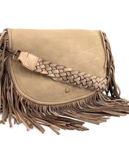 Bolso bandolera beige en piel lavada con flecos efecto vintage Fiorella