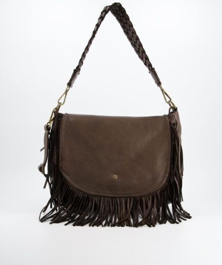 Bolso bandolera marrón en piel lavada con flecos efecto vintage Fiorella
