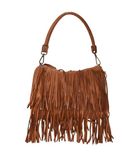 Bolso camel con flecos de piel lavada Boho Angelica
