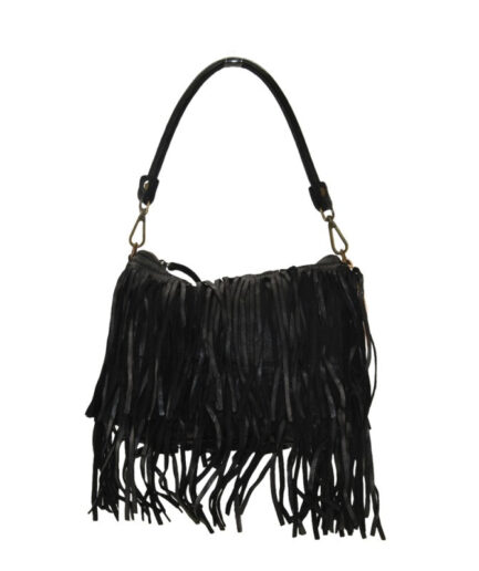 Bolso negro con flecos de piel lavada Boho Angelica