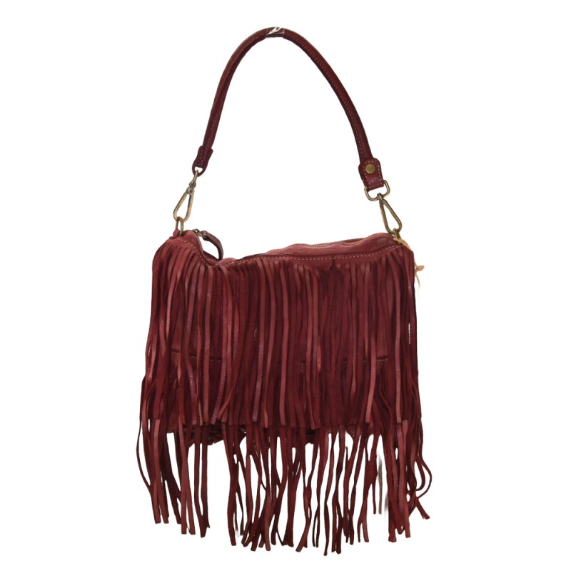 Bolso burdeos con flecos de piel lavada Boho Angelica