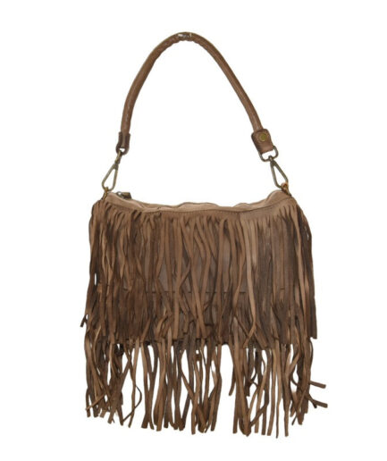 Bolso beige con flecos de piel lavada Boho Angelica