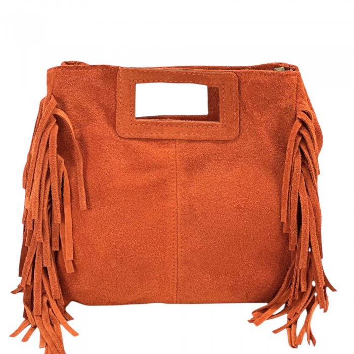 Bolso cuadrado naranja flecos y asas integradas mini Erika