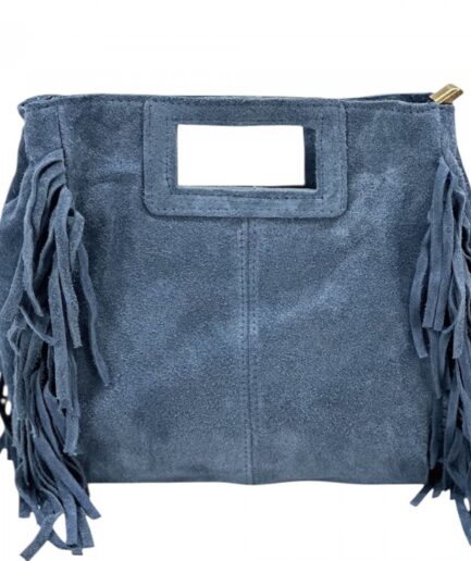 Bolso cuadrado azul vaquero flecos y asas integradas mini Erika