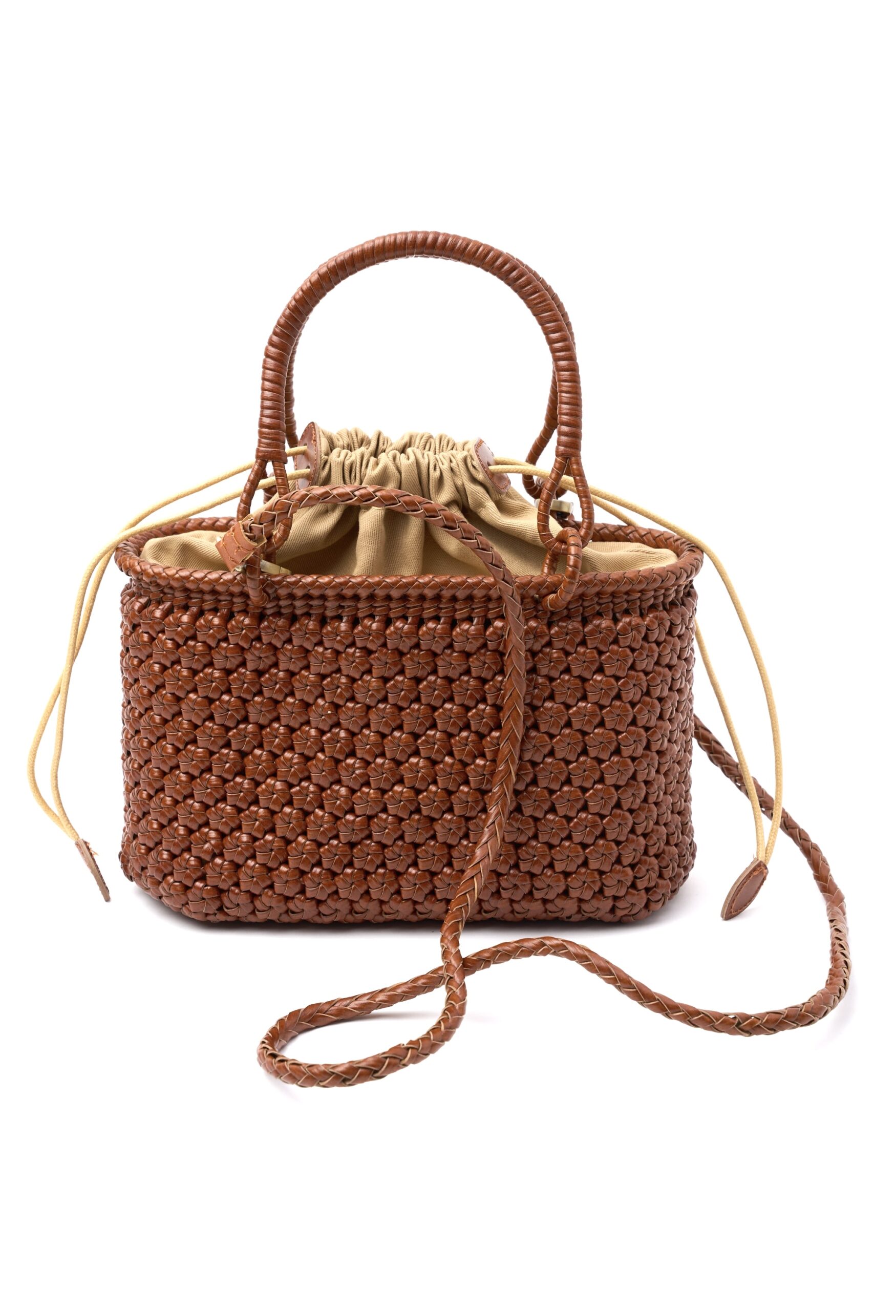 Bolso Cesta de Piel Trenzada Camel Hecho a Mano en Italia Leonela