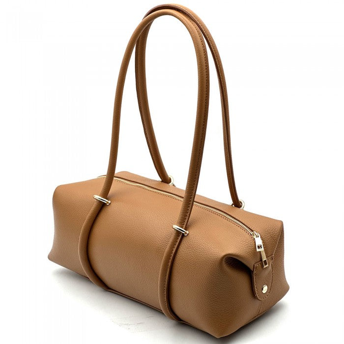 Bolso de hombro cilíndrico en piel Italiana camel Salome