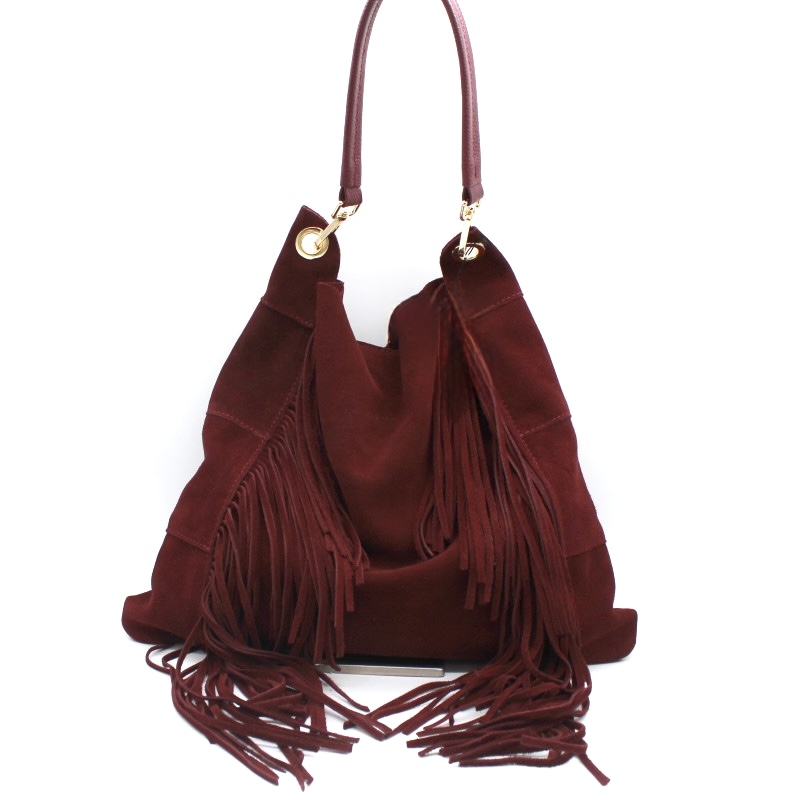Bolso saco flecos de cuero color burdeos Heidi