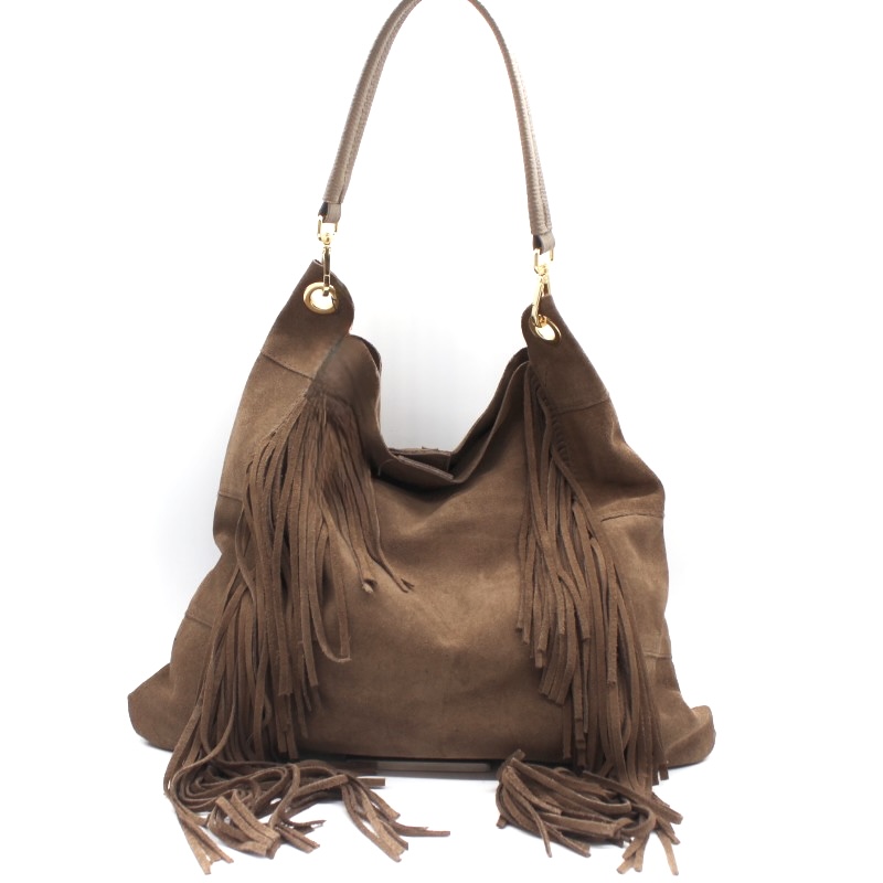 Bolso saco flecos de cuero color taupe Heidi
