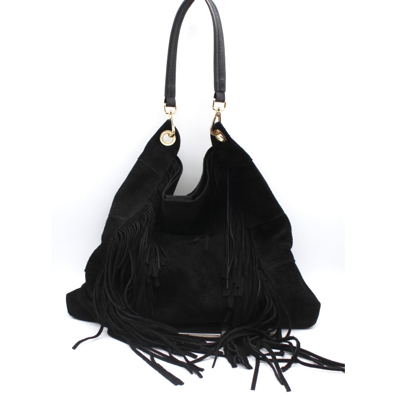 Bolso saco flecos de cuero color negro Heidi