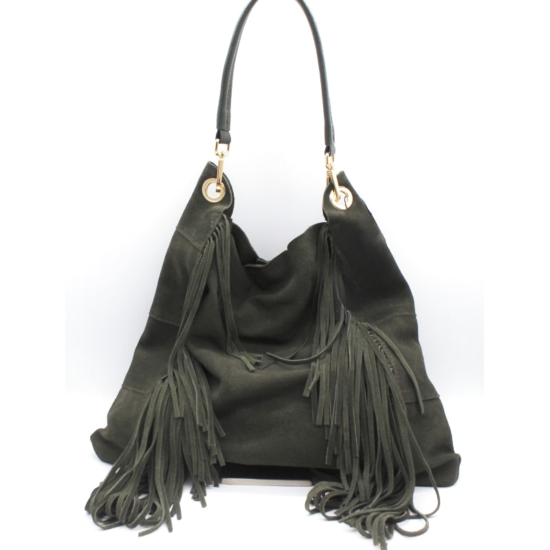 Bolso saco flecos de cuero color verde Heidi