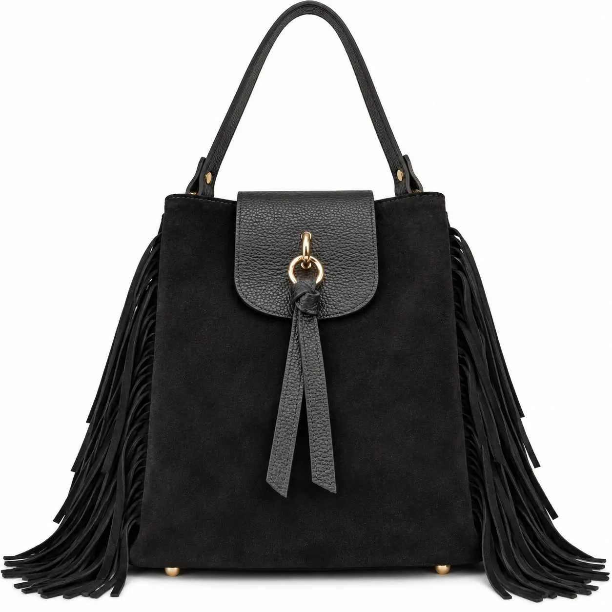 Bolso de hombro de ante y piel negro con flecos Made in Italy AVERY