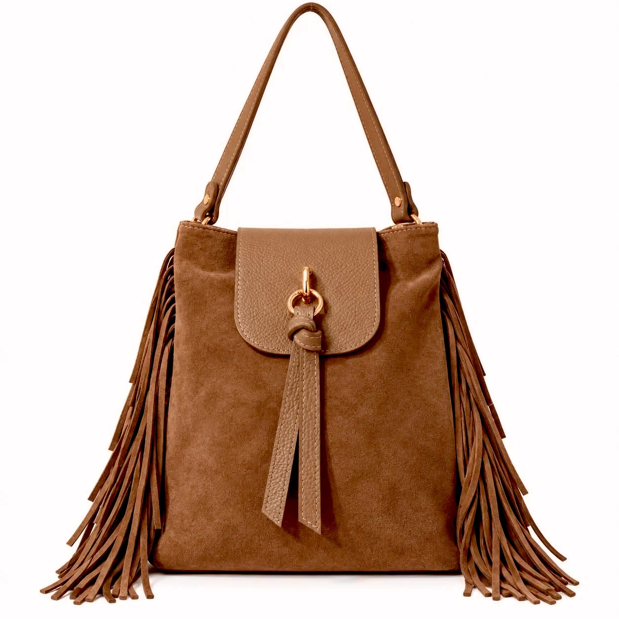 Bolso de hombro de ante y piel camel con flecos Made in Italy AVERY