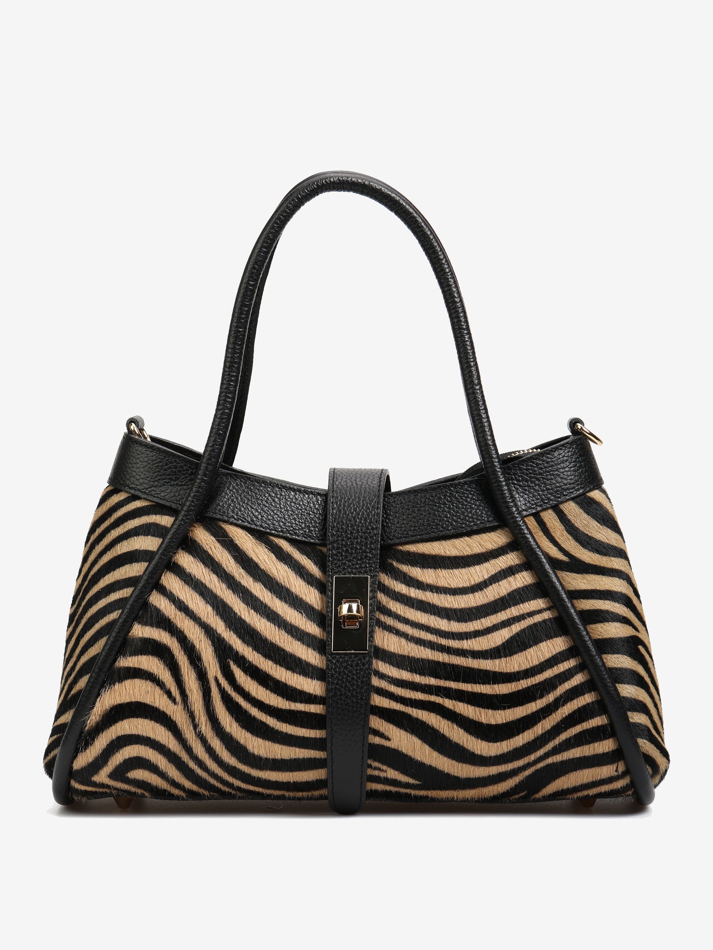 Bolso de hombro de cuero y pelo animal print Cebra marrón